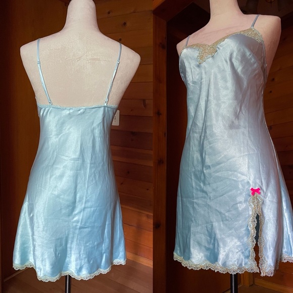 Victoria’s Secret Blue Satin Gold Lace Satin Slip Dress Sz Medium - Picture 3 of 6